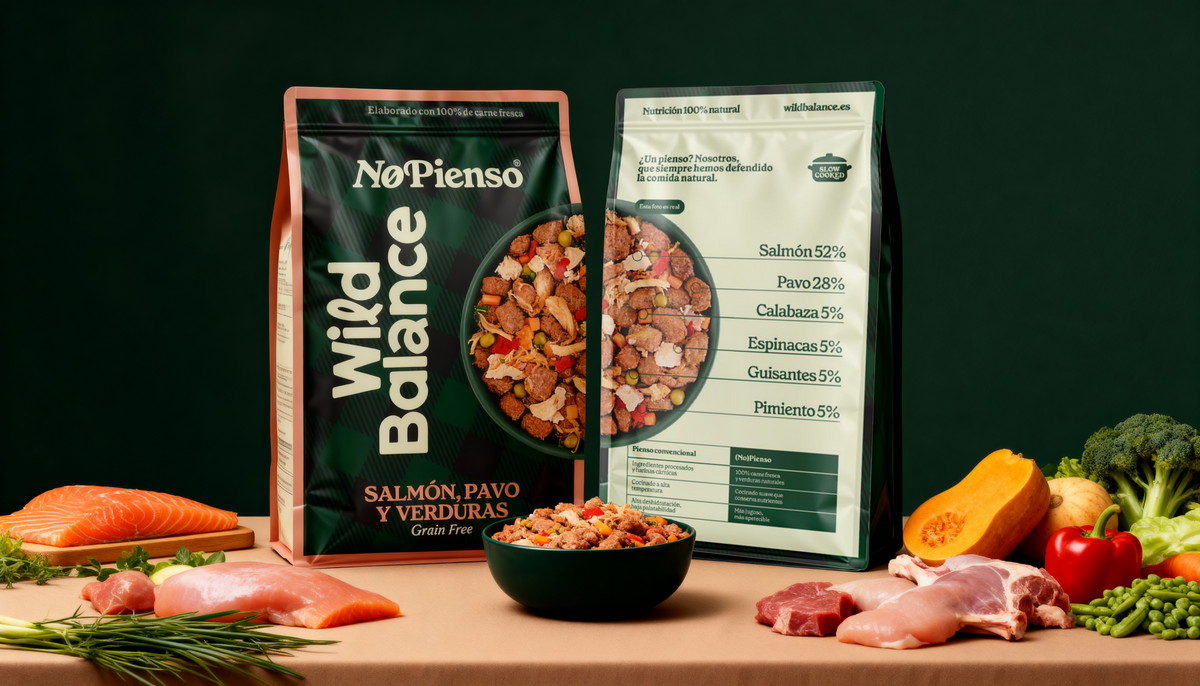 Envases frontal y trasero de Salmón y pavo con verduras